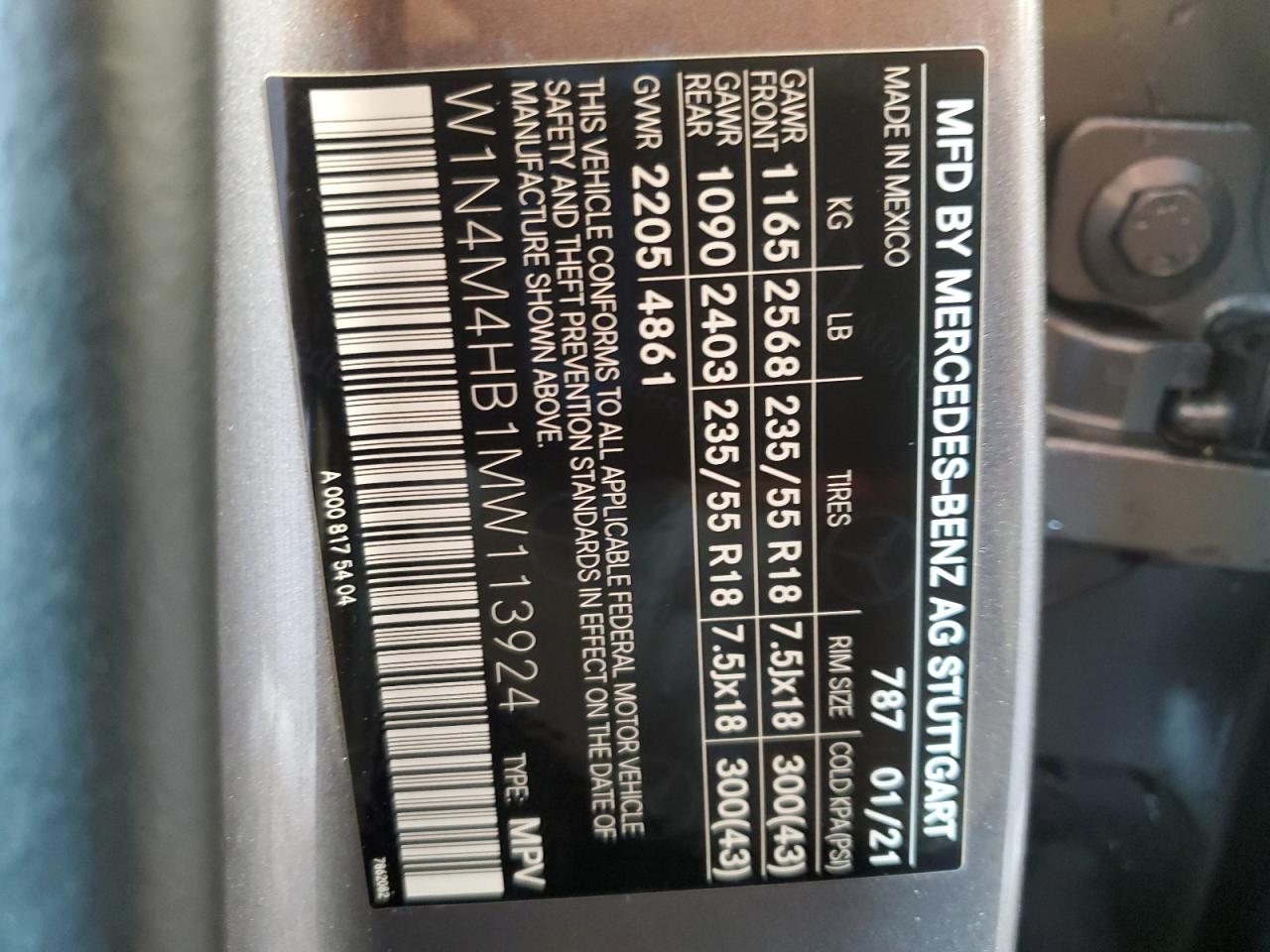 2021 Mercedes-Benz GLB VIN W1N4M4HB1MW113924 Copart auction photo, rear end / side damage thumbnail 13