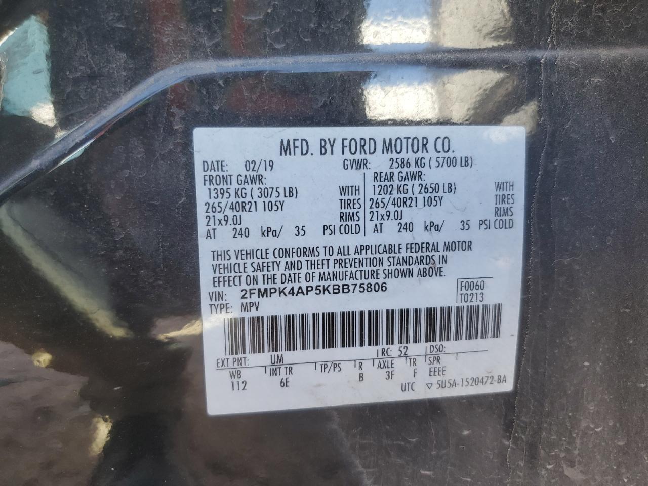 2019 Ford Edge VIN 2FMPK4AP5KBB75806 Copart auction photo, front end / rear end damage thumbnail 14