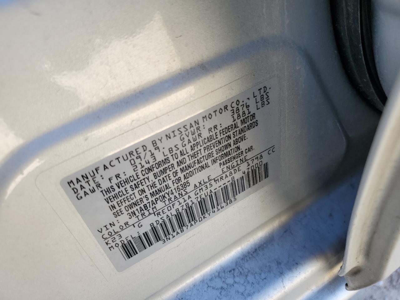 2019 Nissan Sentra VIN 3N1AB7AP0KY416385 Copart auction photo, front end damage thumbnail 13