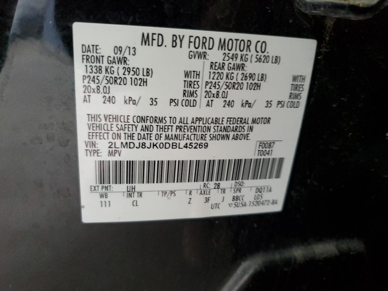 2013 Lincoln MKX VIN 2LMDJ8JK0DBL45269 Copart auction photo, front end / undercarriage damage thumbnail 14