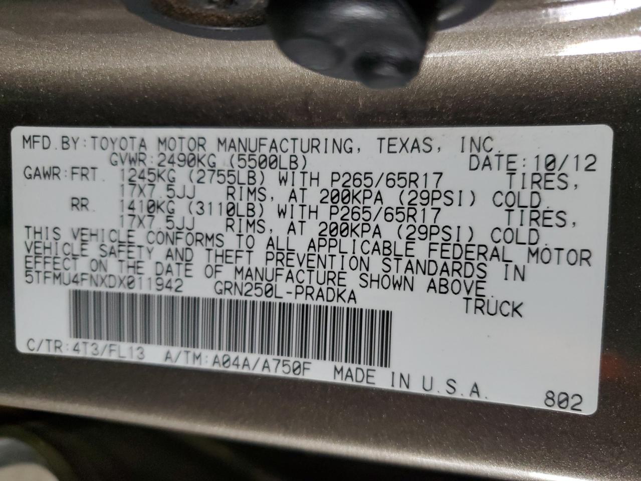 2013 Toyota Tacoma VIN 5TFMU4FNXDX011942 Copart auction photo, rear end damage thumbnail 14