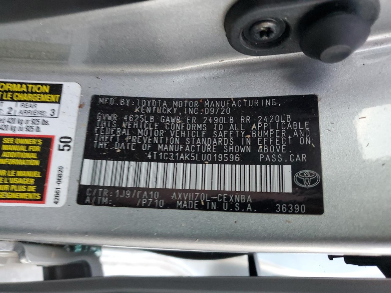 2020 Toyota Camry VIN 4T1C31AK5LU019596 Copart auction photo, rear end / front end damage thumbnail 12