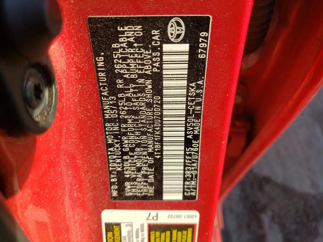 2013 Toyota Camry VIN 4T1BF1FK4DU700720 Copart auction photo, front end damage thumbnail 14