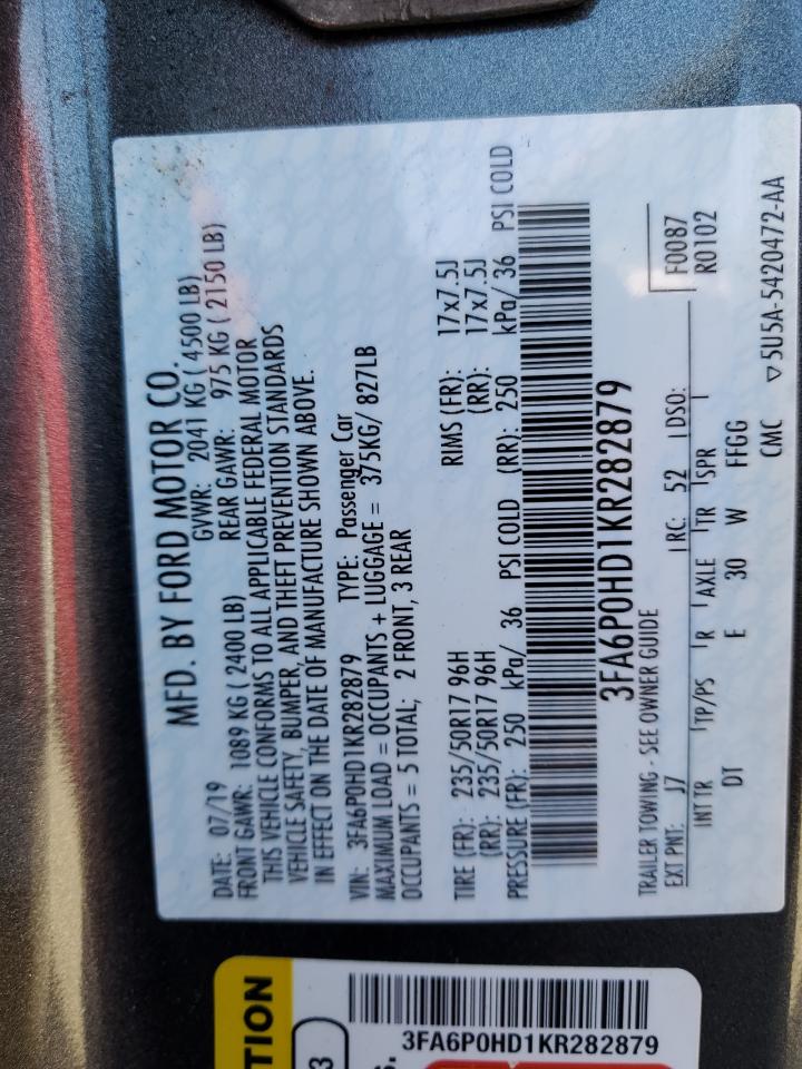 2019 Ford Fusion VIN 3FA6P0HD1KR282879 Copart auction photo, water/flood damage thumbnail 13