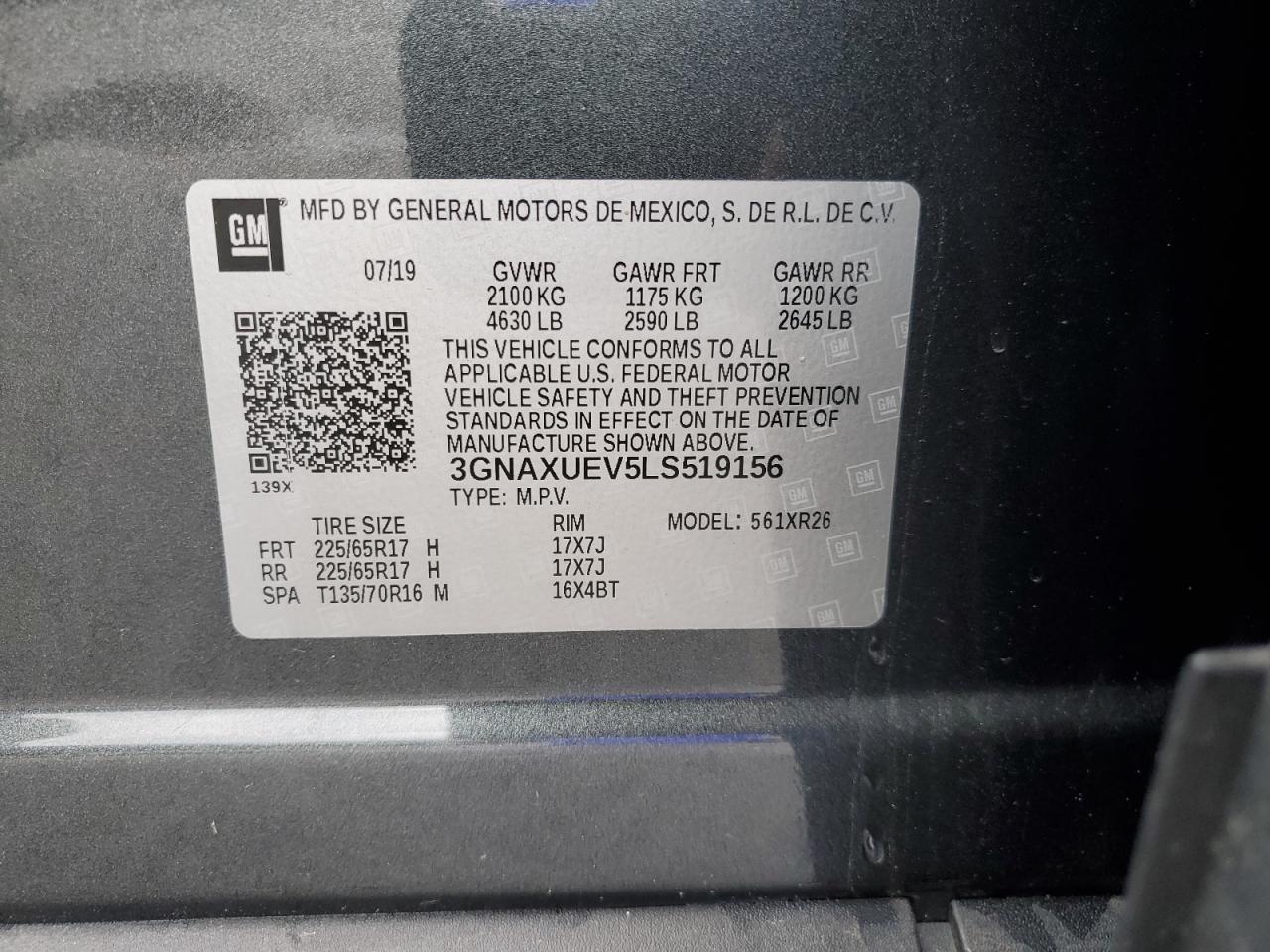 2020 Chevrolet Equinox VIN 3GNAXUEV5LS519156 Copart auction photo, side / front end damage thumbnail 14