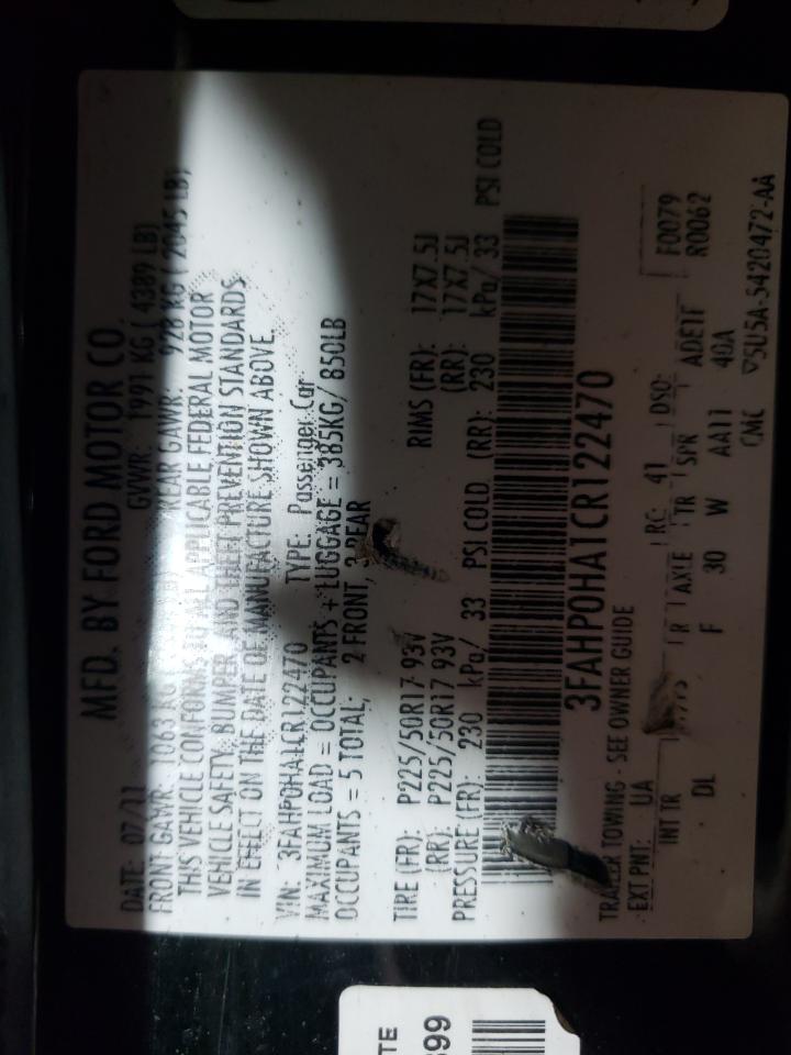 2012 Ford Fusion VIN 3FAHP0HA1CR122470 Copart auction photo, rear end / front end damage thumbnail 12