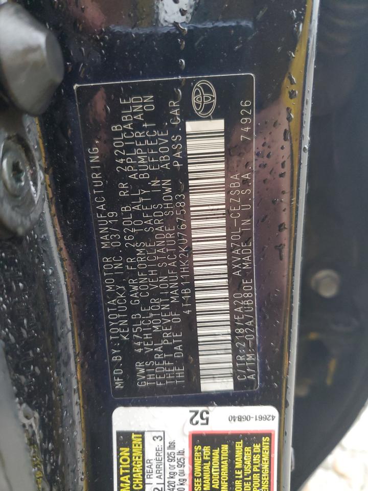2019 Toyota Camry VIN 4T1B11HK2KU767583 Copart auction photo, side / all over damage thumbnail 14