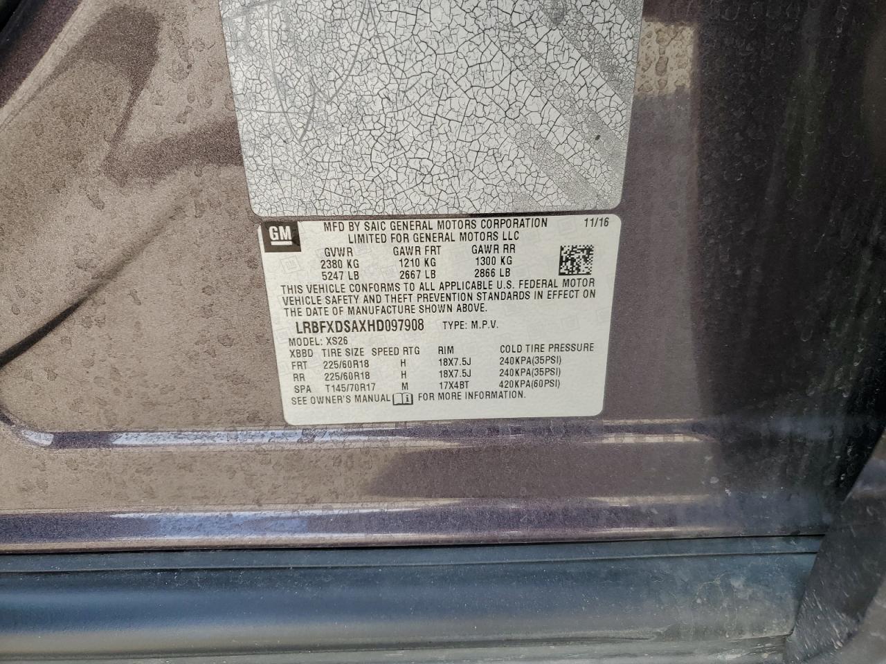 2017 Buick Envision VIN LRBFXDSAXHD097908 Copart auction photo, unknown damage thumbnail 13