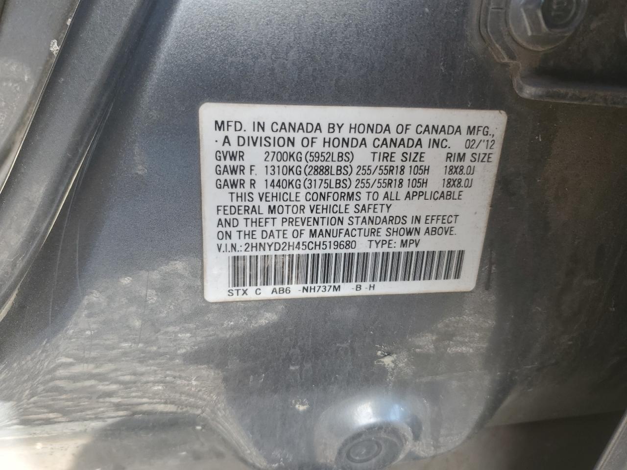 2012 Acura MDX VIN 2HNYD2H45CH519680 Copart auction photo, undercarriage damage thumbnail 13