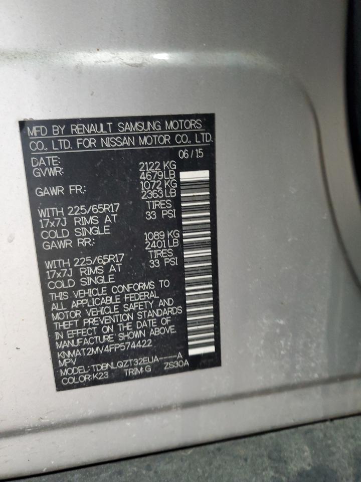 2015 Nissan Rogue VIN KNMAT2MV4FP574422 Copart auction photo, front end damage thumbnail 13