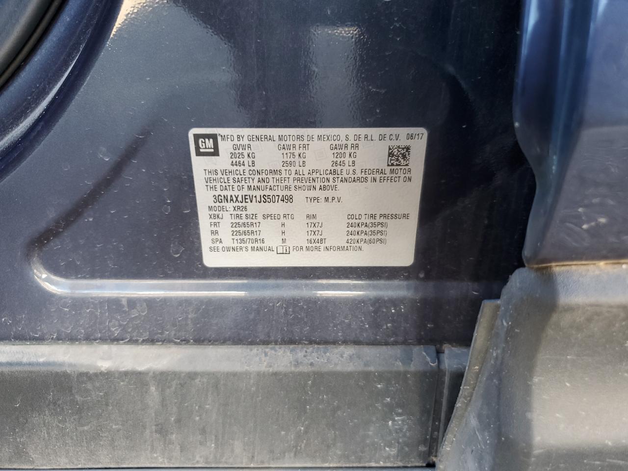 2018 Chevrolet Equinox VIN 3GNAXJEV1JS507498 Copart auction photo, front end / side damage thumbnail 16