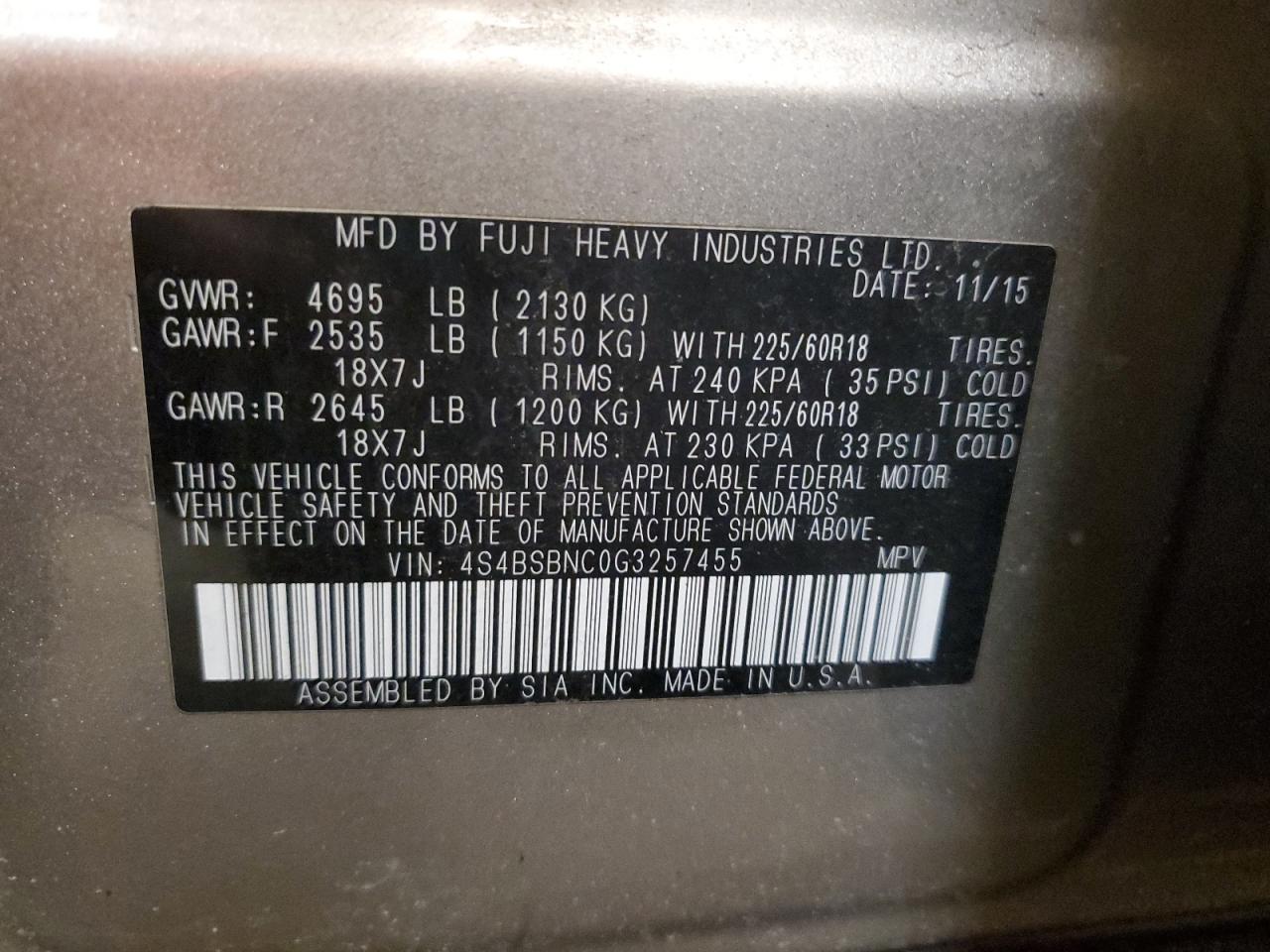 2016 Subaru Outback VIN 4S4BSBNC0G3257455 Copart auction photo, front end / side damage thumbnail 13