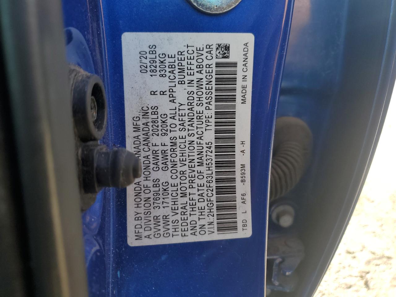 2020 Honda Civic VIN 2HGFC2F63LH537245 Copart auction photo, front end / side damage thumbnail 14