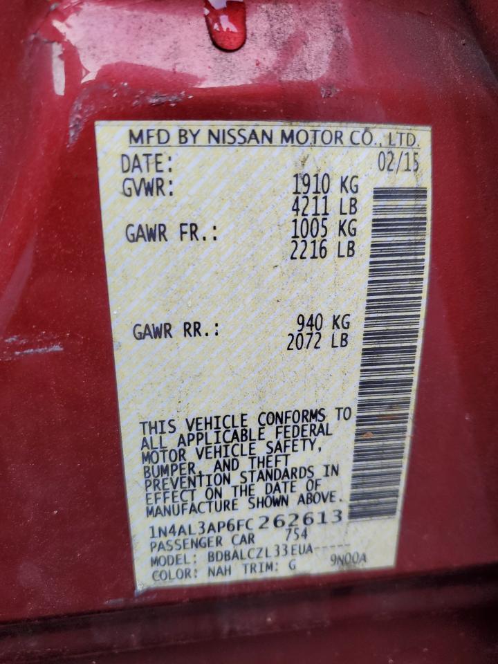 2015 Nissan Altima VIN 1N4AL3AP6FC262613 Copart auction photo, side damage thumbnail 12