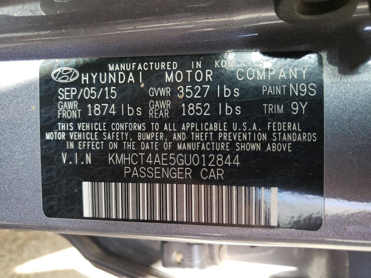 2016 Hyundai Accent VIN KMHCT4AE5GU012844 Copart auction photo, front end / minor dent/scratches damage thumbnail 12