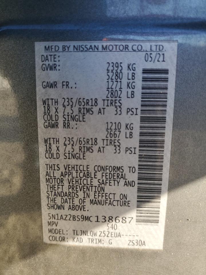 2021 Nissan Murano VIN 5N1AZ2BS9MC138687 Copart auction photo, front end / minor dent/scratches damage thumbnail 15