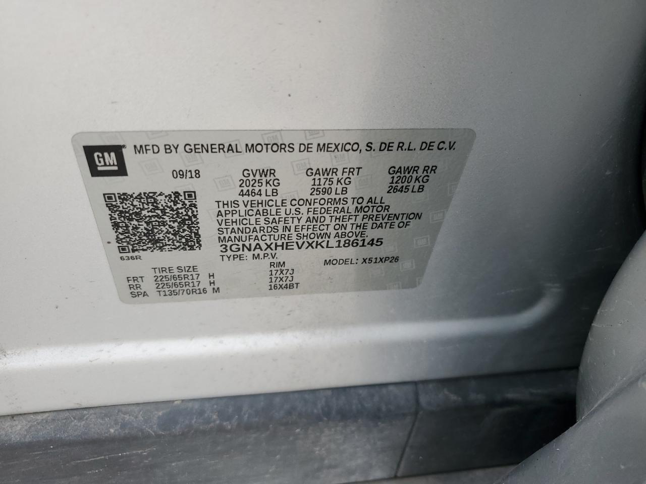 2019 Chevrolet Equinox VIN 3GNAXHEVXKL186145 Copart auction photo, front end / minor dent/scratches damage thumbnail 13