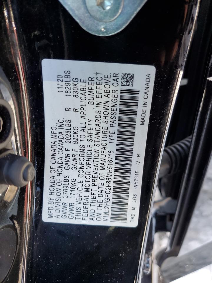 2021 Honda Civic VIN 2HGFC2F86MH516716 Copart auction photo, front end / minor dent/scratches damage thumbnail 13