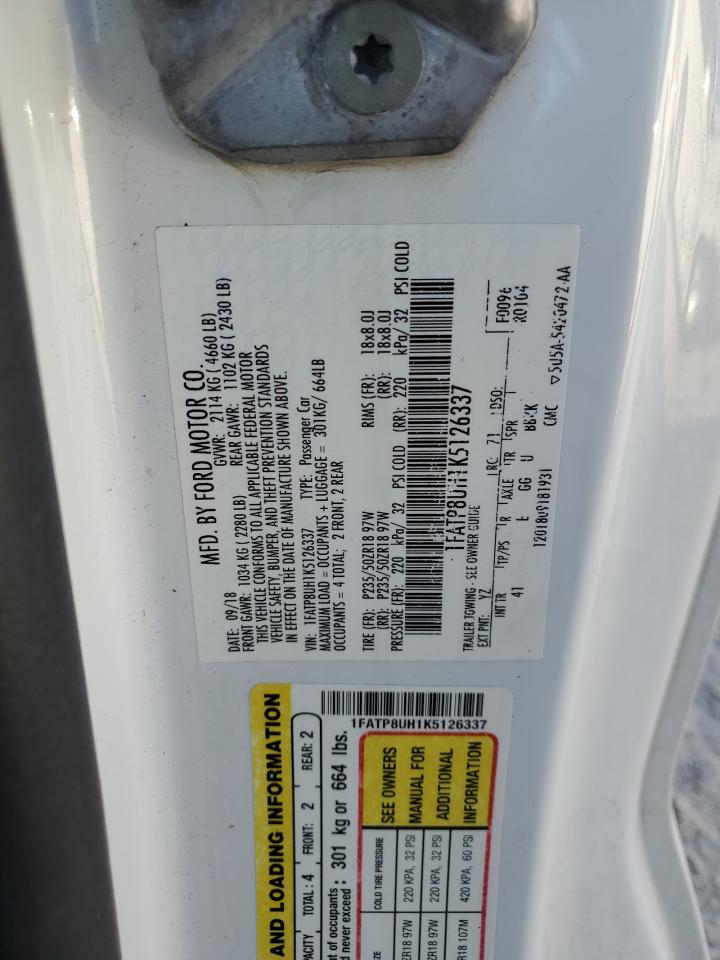 2019 Ford Mustang VIN 1FATP8UH1K5126337 Copart auction photo, front end / top/roof damage thumbnail 12