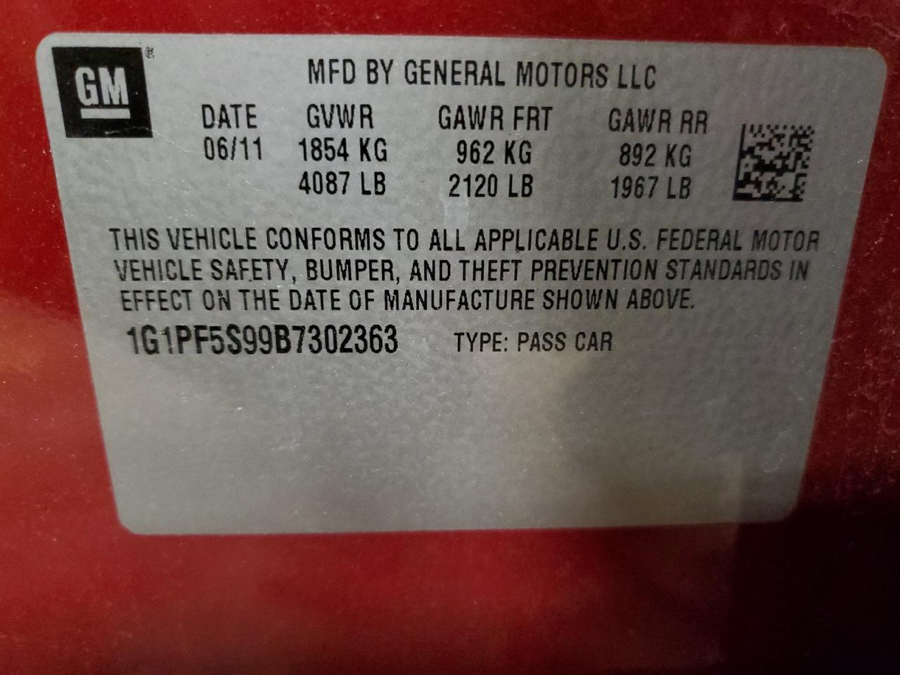 2011 Chevrolet Cruze VIN 1G1PF5S99B7302363 Copart auction photo, front end / side damage thumbnail 13