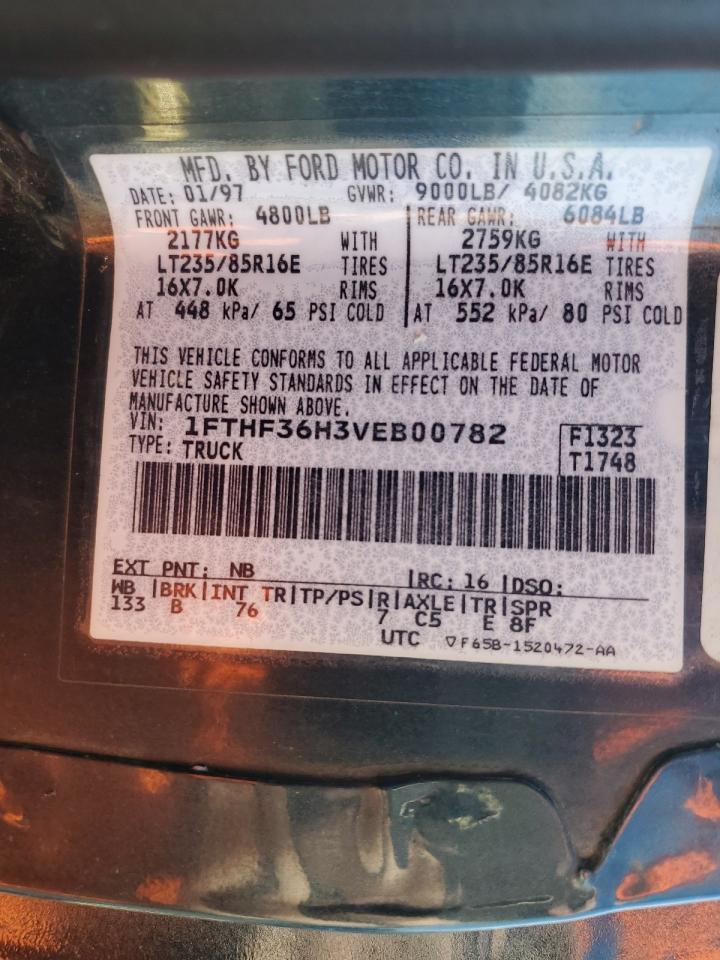 1997 Ford F350 VIN 1FTHF36H3VEB00782 Copart auction photo, top/roof damage thumbnail 12