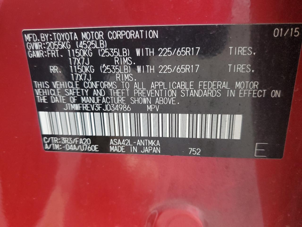 2015 Toyota RAV 4 VIN JTMWFREV3FJ034986 Copart auction photo, side damage thumbnail 13