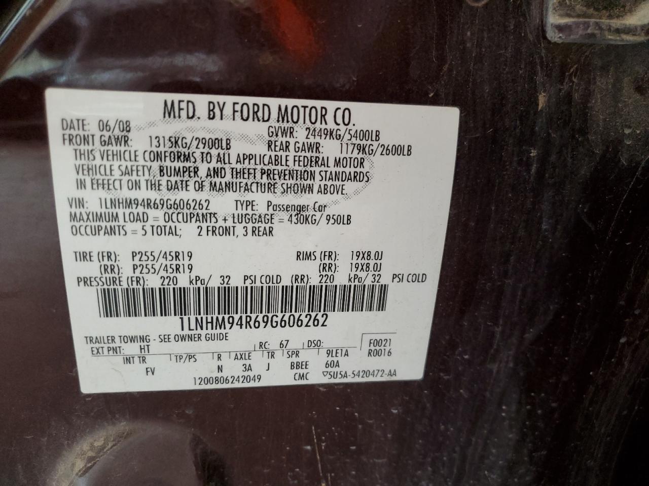 2009 Lincoln MKS VIN 1LNHM94R69G606262 Copart auction photo, front end / hail damage thumbnail 12