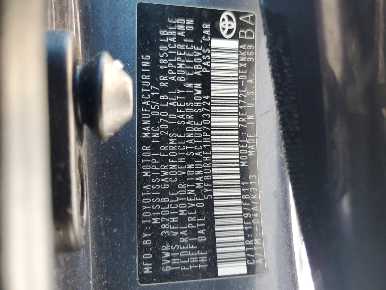 2017 Toyota Corolla VIN 5YFBURHE1HP703724 Copart auction photo, side damage thumbnail 13