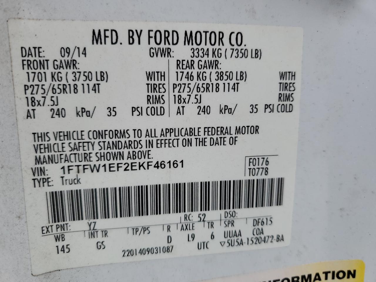 2014 Ford F-150 VIN 1FTFW1EF2EKF46161 Copart auction photo, front end / undercarriage damage thumbnail 14