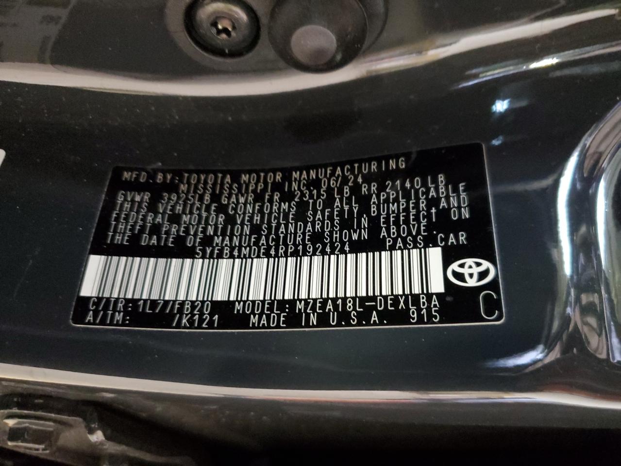 2024 Toyota Corolla VIN 5YFB4MDE4RP192424 Copart auction photo, side / front end damage thumbnail 12