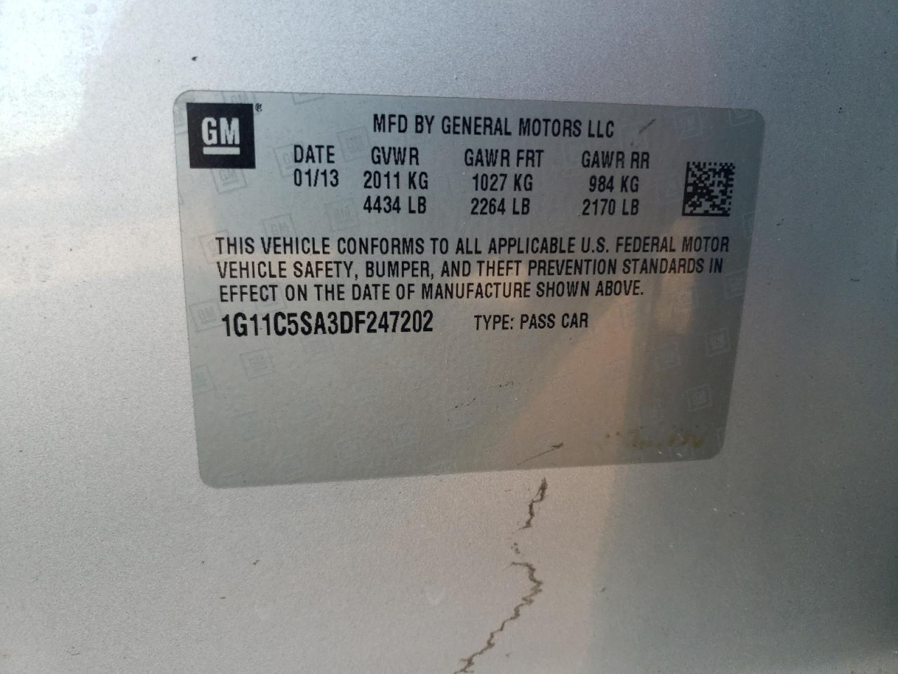 2013 Chevrolet Malibu VIN 1G11C5SA3DF247202 Copart auction photo, front end / side damage thumbnail 15