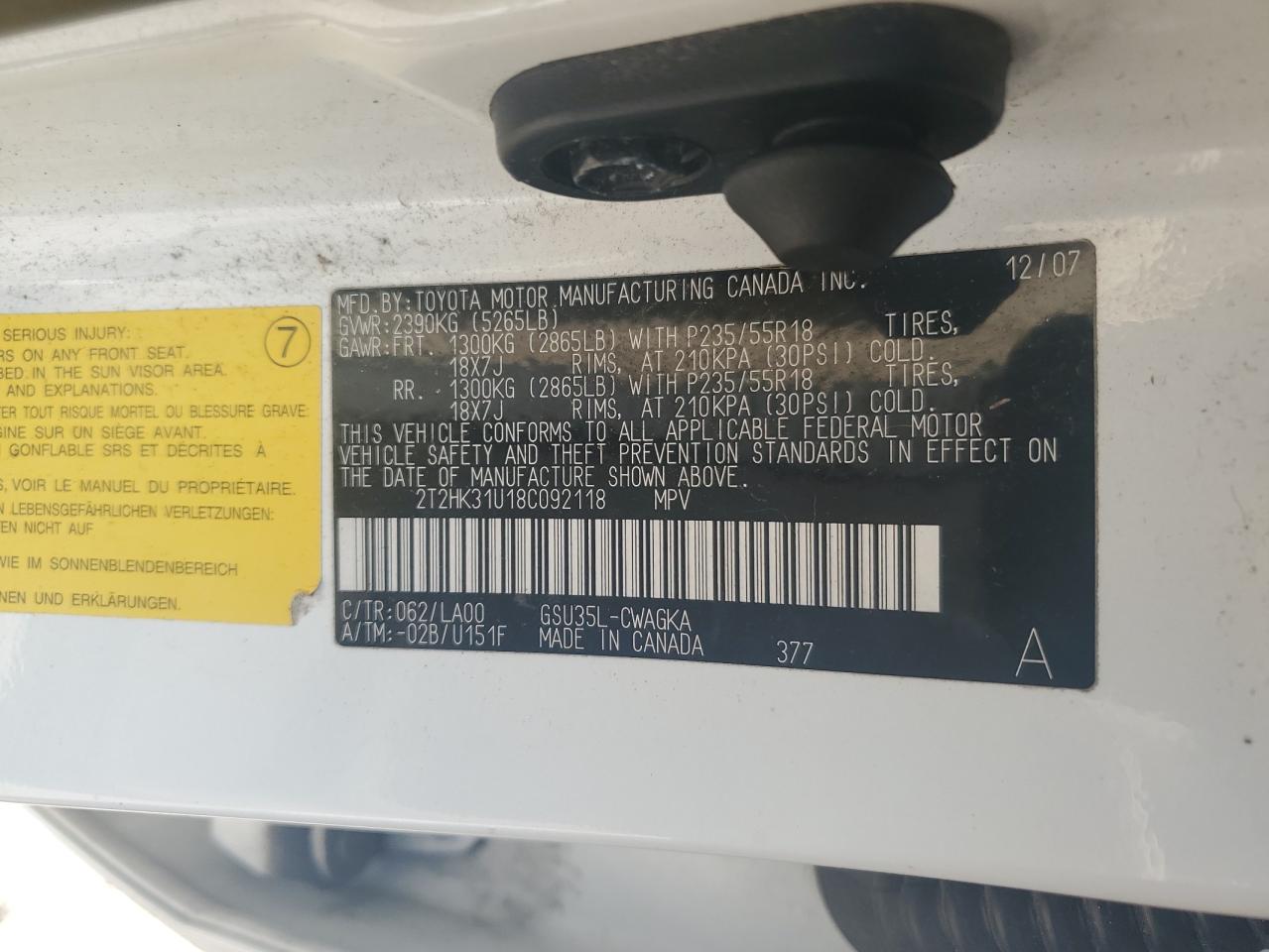 2008 Lexus RX VIN 2T2HK31U18C092118 Copart auction photo, front end / mechanical damage thumbnail 13