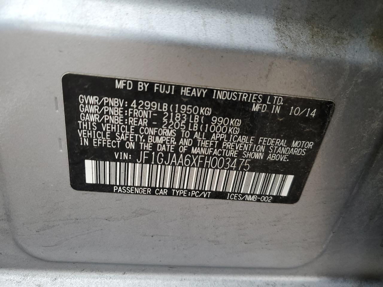 2015 Subaru Impreza VIN JF1GJAA6XFH003475 Copart auction photo, all over damage thumbnail 12
