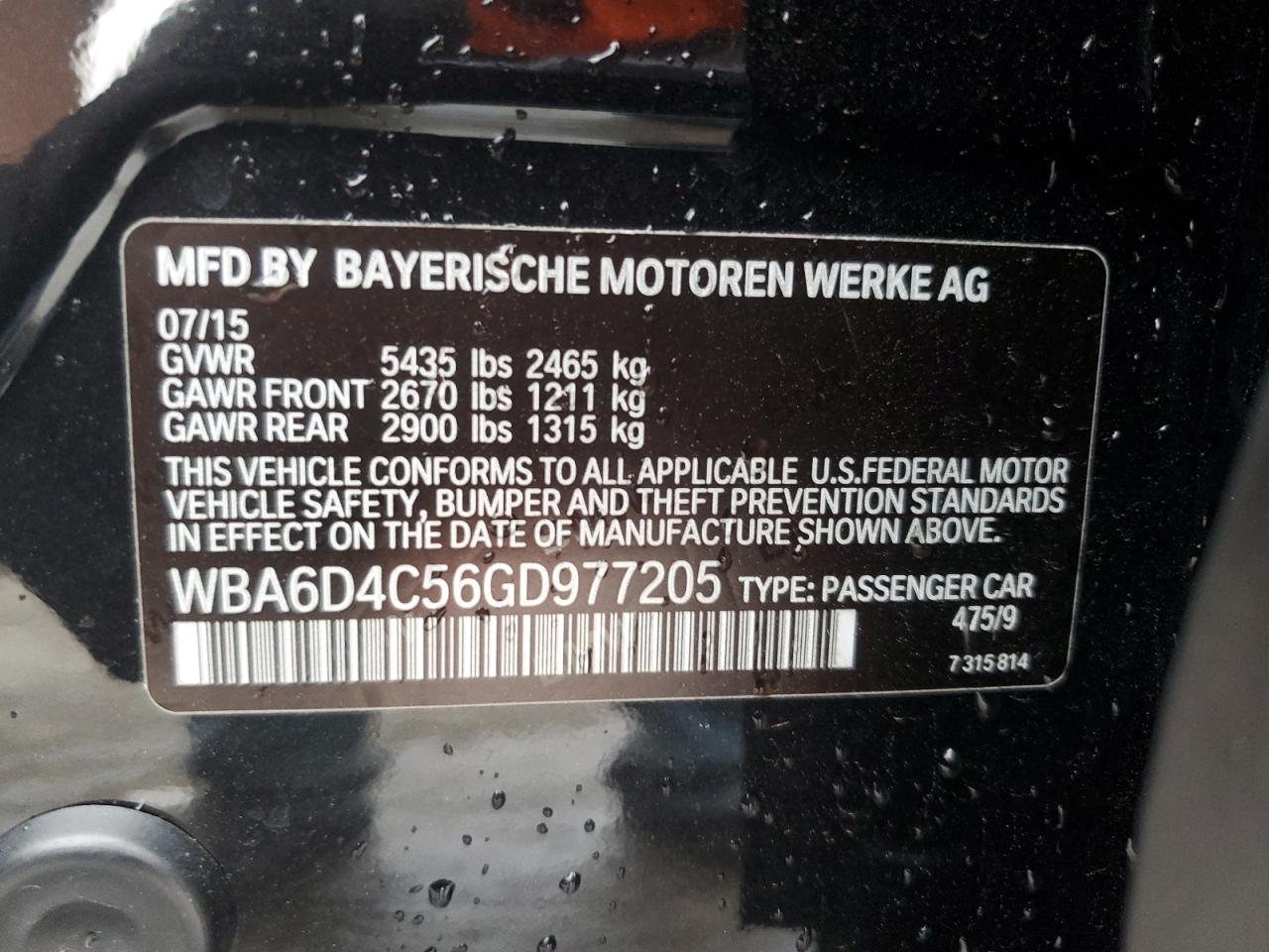 2016 BMW 6er VIN WBA6D4C56GD977205 Copart auction photo, front end damage thumbnail 12