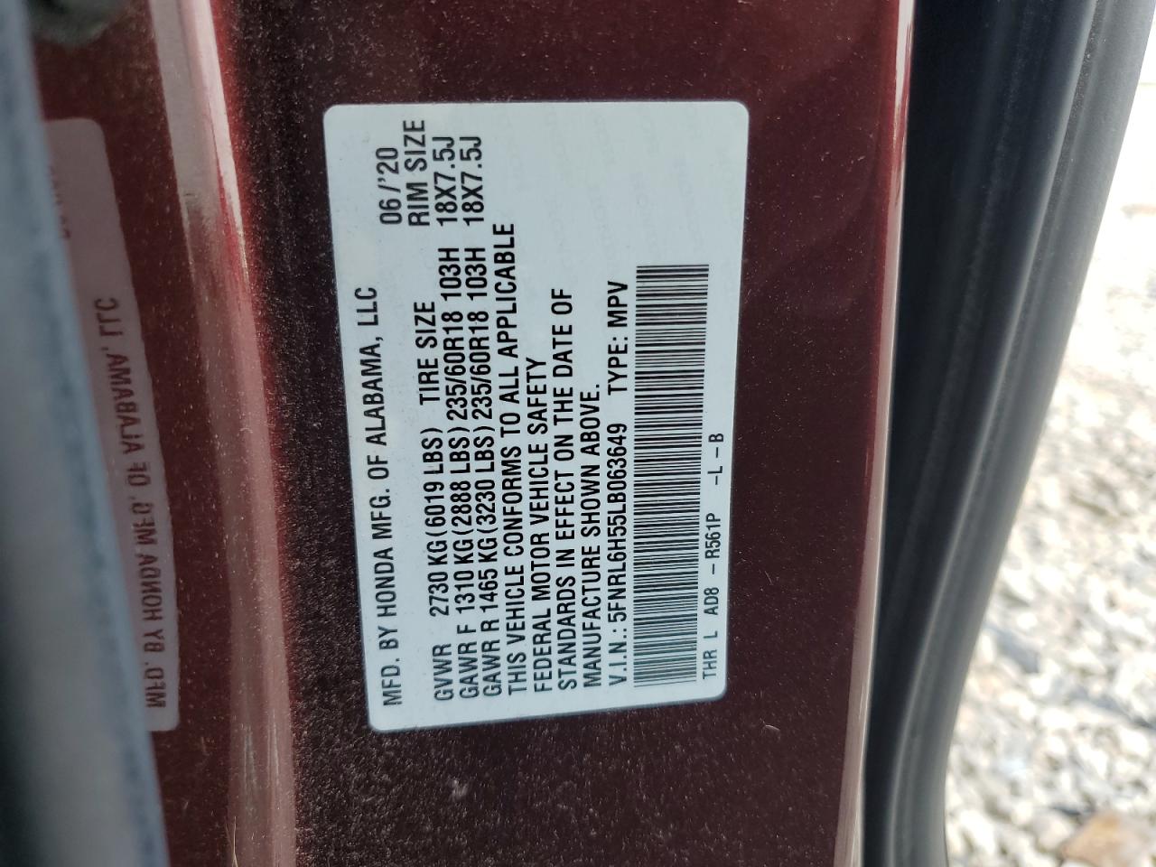 2020 Honda Odyssey VIN 5FNRL6H55LB063649 Copart auction photo, front end / side damage thumbnail 15