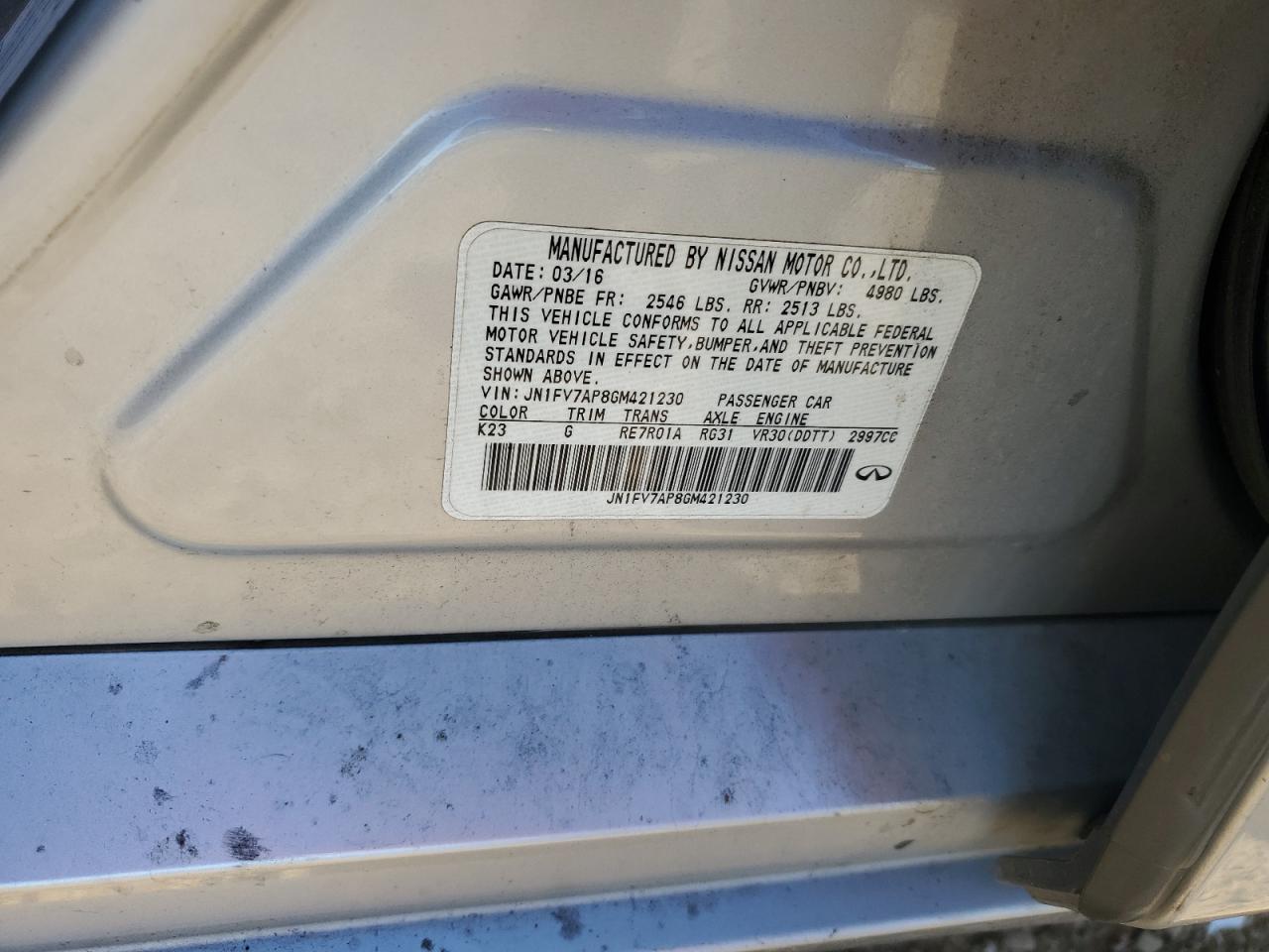 2016 Infiniti Q50 VIN JN1FV7AP8GM421230 Copart auction photo, front end / mechanical damage thumbnail 13
