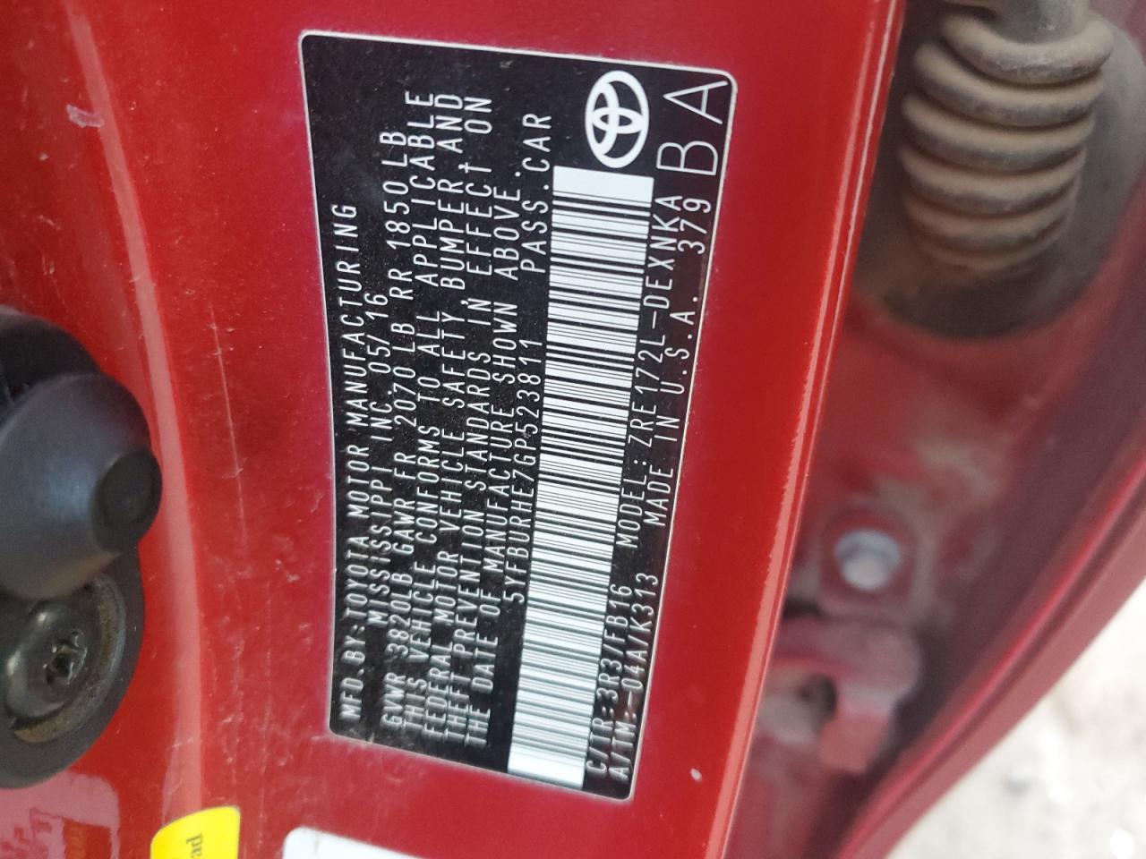 2016 Toyota Corolla VIN 5YFBURHE7GP523811 Copart auction photo, rear end damage thumbnail 13