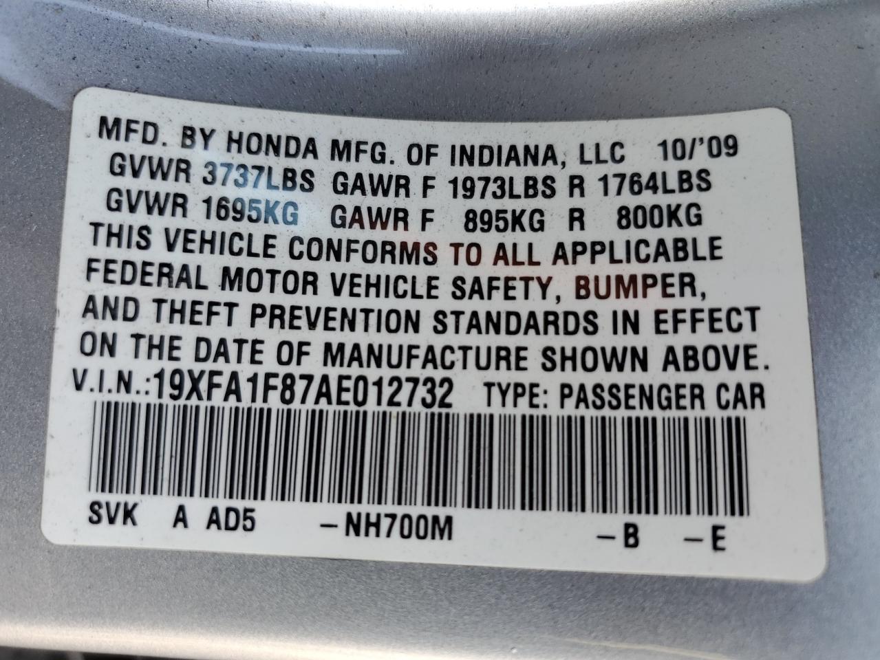 2010 Honda Civic VIN 19XFA1F87AE012732 Copart auction photo, front end / side damage thumbnail 13