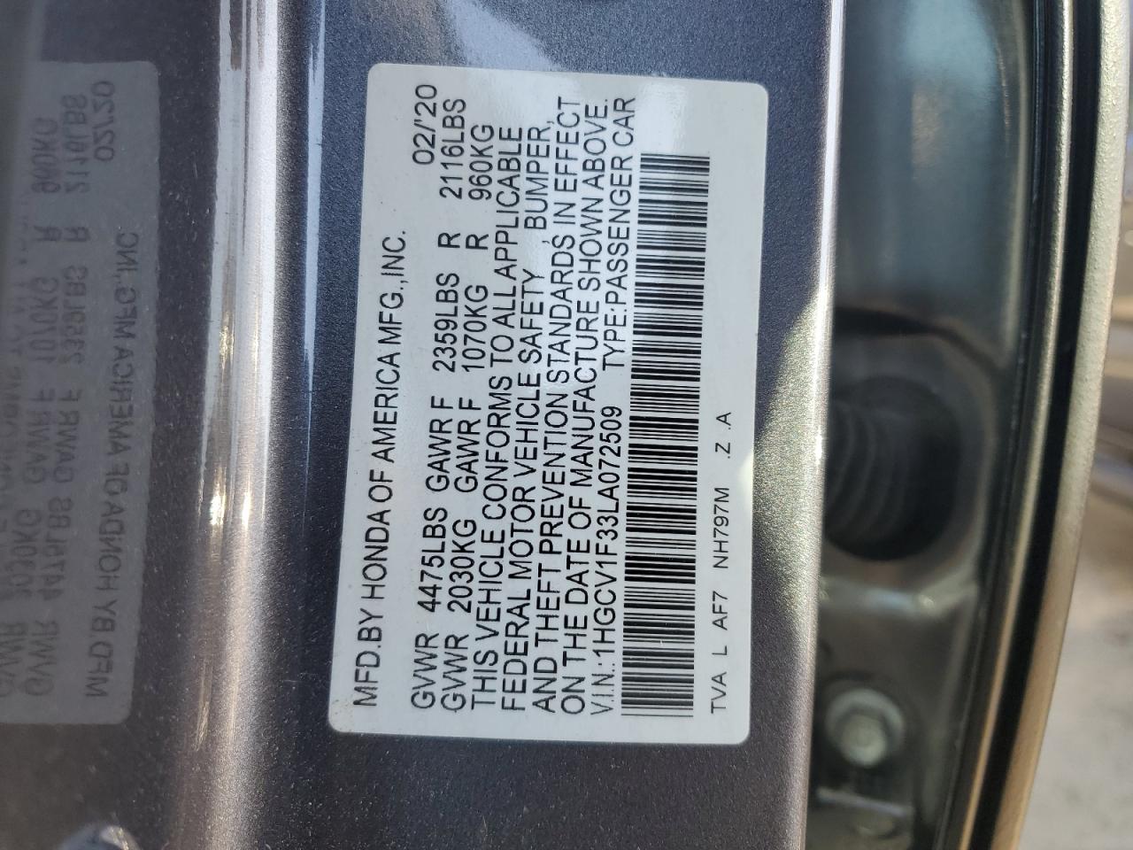 2020 Honda Accord VIN 1HGCV1F33LA072509 Copart auction photo, front end damage thumbnail 14