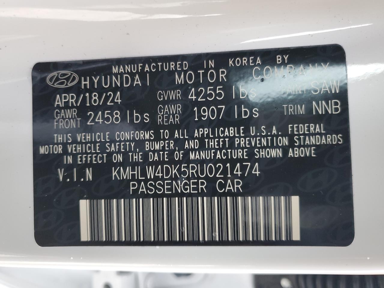 2024 Hyundai Elantra VIN KMHLW4DK5RU021474 Copart auction photo, rear end / side damage thumbnail 14