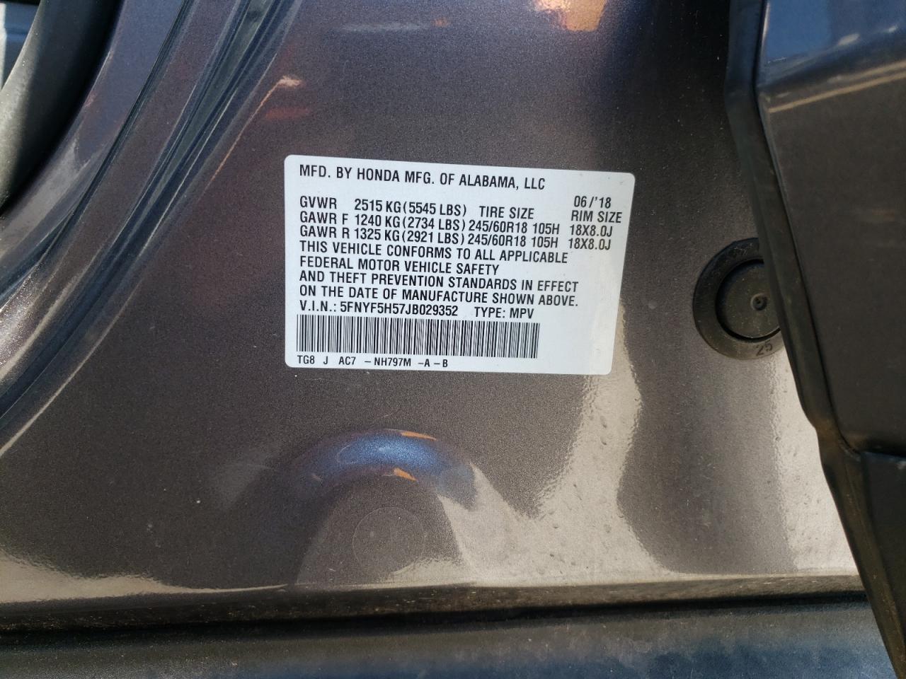2018 Honda Pilot VIN 5FNYF5H57JB029352 Copart auction photo, all over / undercarriage damage thumbnail 13
