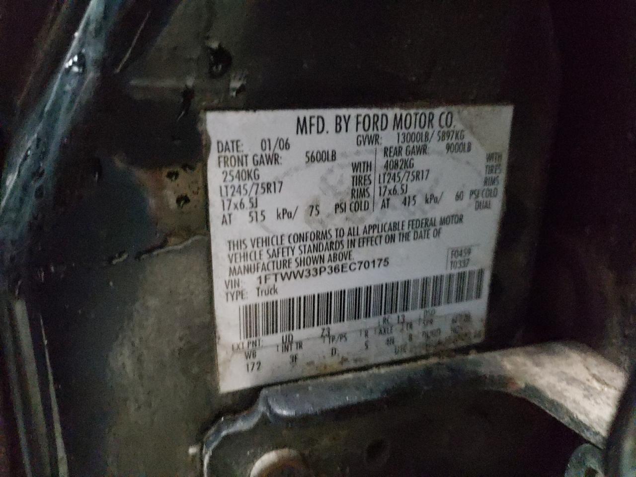 2006 Ford F350 VIN 1FTWW33P36EC70175 Copart auction photo, rear end / frame damage damage thumbnail 12