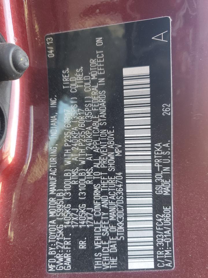 2013 Toyota Sienna VIN 5TDKK3DC7DS364704 Copart auction photo, front end / side damage thumbnail 16