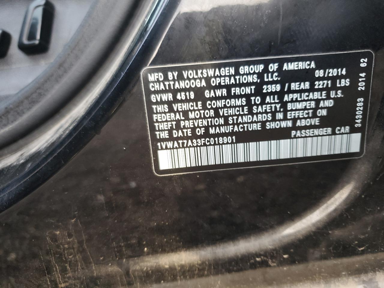 2015 Volkswagen Passat VIN 1VWAT7A33FC018901 Copart auction photo, mechanical damage thumbnail 12