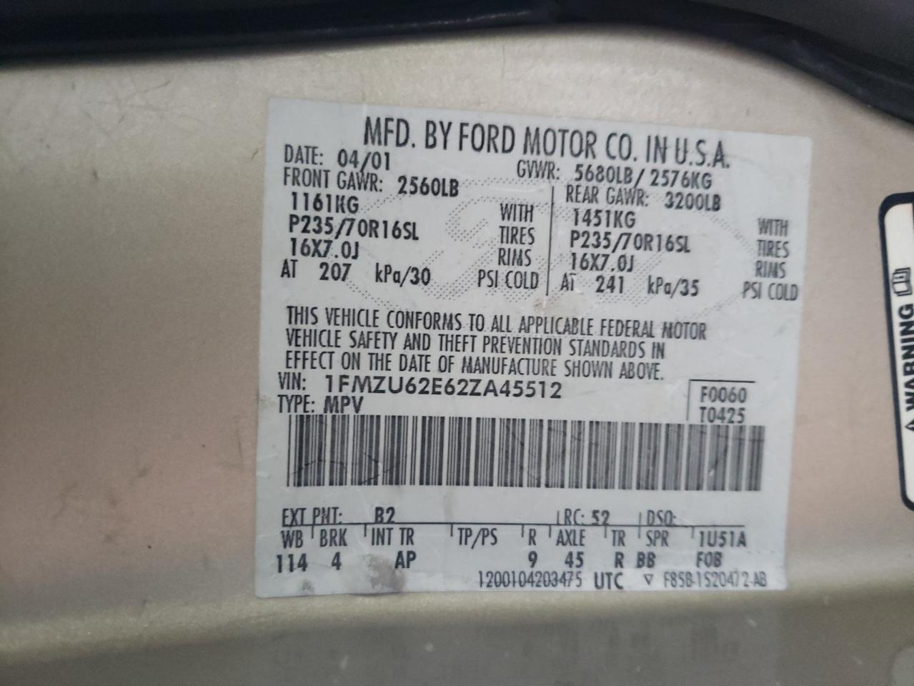 2002 Ford Explorer VIN 1FMZU62E62ZA45512 Copart auction photo, rear end damage thumbnail 15