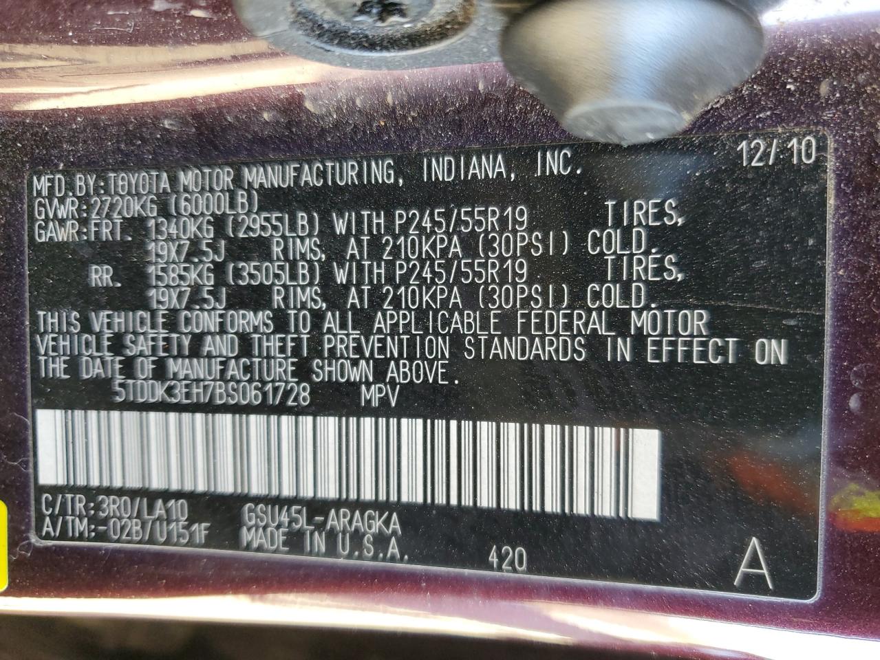 2011 Toyota Highlander VIN 5TDDK3EH7BS061728 Copart auction photo, front end / side damage thumbnail 14
