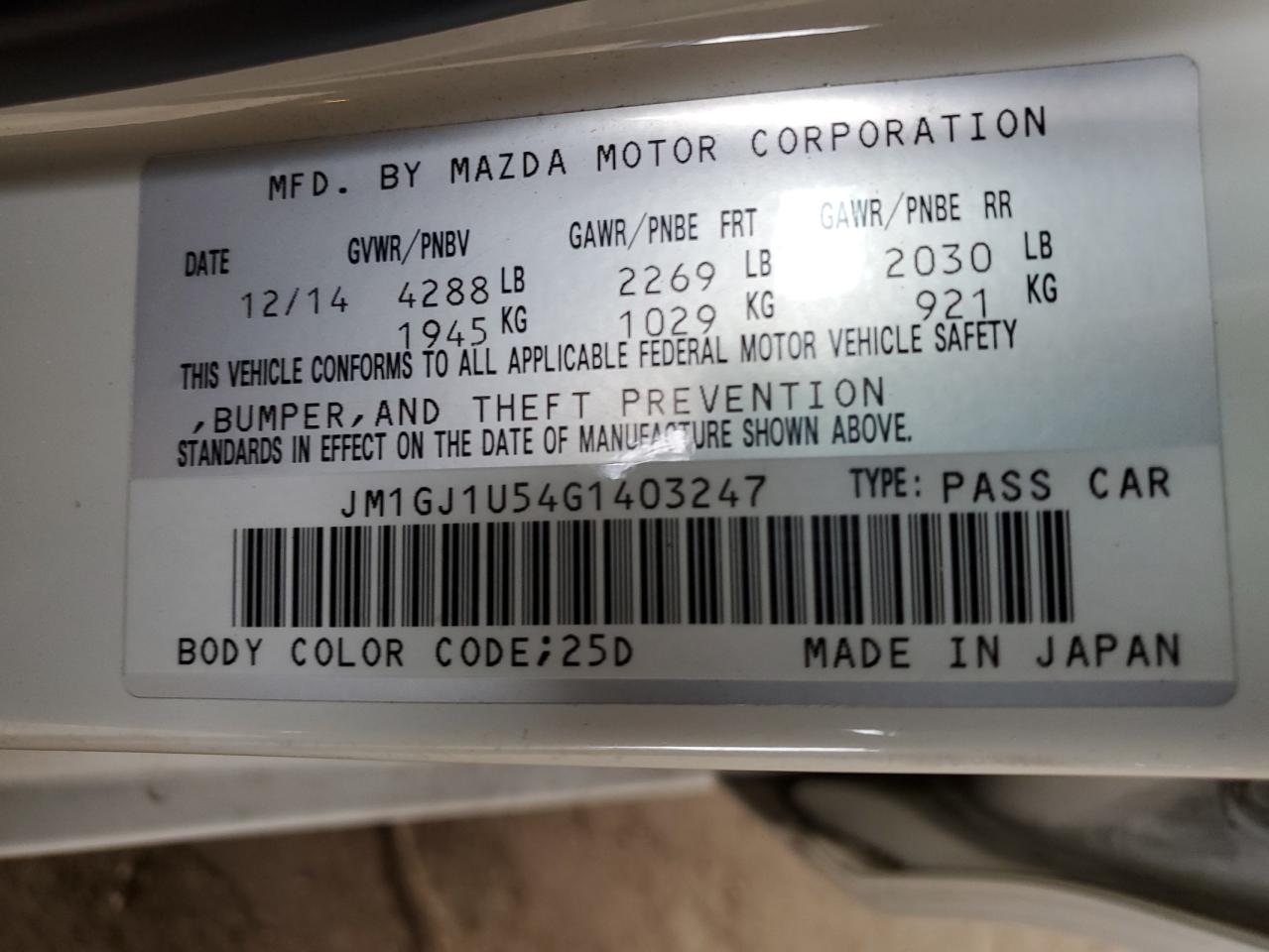 2016 Mazda 6 VIN JM1GJ1U54G1403247 Copart auction photo, front end / minor dent/scratches damage thumbnail 12