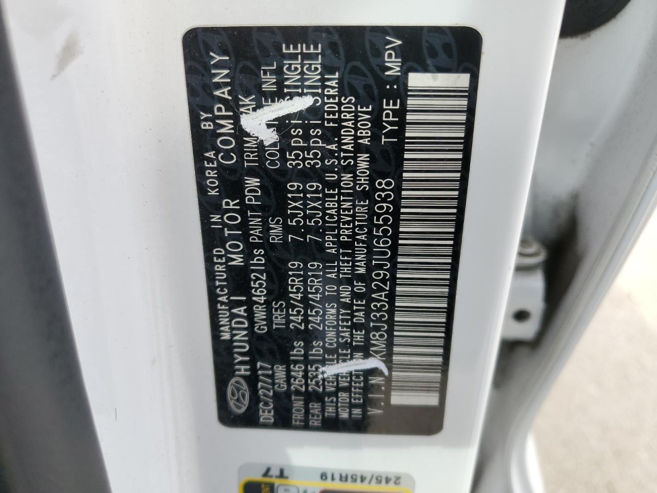 2018 Hyundai Tucson VIN KM8J33A29JU655938 Copart auction photo, front end damage thumbnail 13