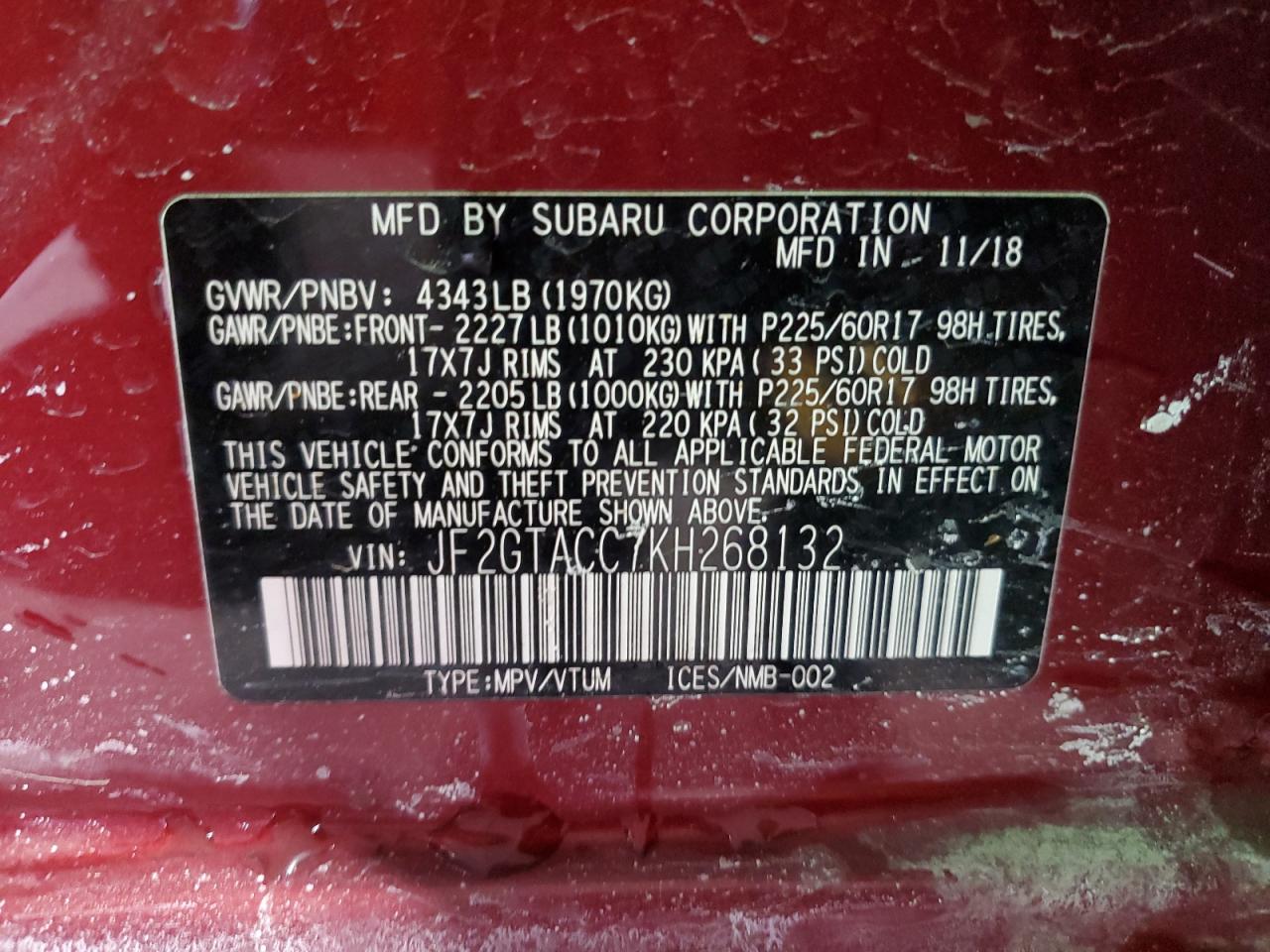 2019 Subaru XV VIN JF2GTACC7KH268132 Copart auction photo, front end damage thumbnail 13