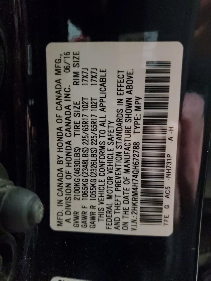 2016 Honda CR-V VIN 2HKRM4H74GH672788 Copart auction photo, side / minor dent/scratches damage thumbnail 15